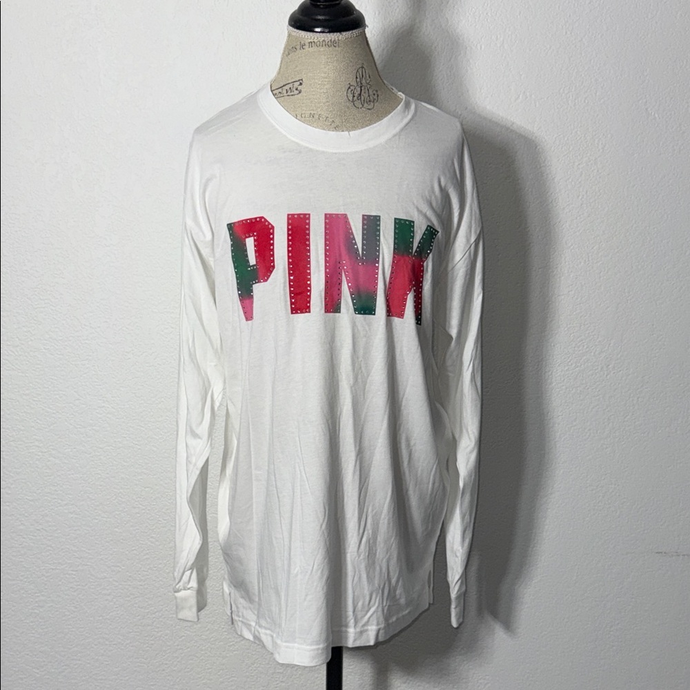White Long Sleeve Shirt with PINK Logo